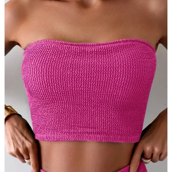 Strapless Hot Pink Smocked Bikini XL  - High Waist Bottom & Crop Top - Picture 3 of 5